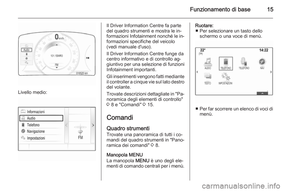 OPEL INSIGNIA 2014  Manuale del sistema Infotainment (in Italian) Funzionamento di base15
Livello medio:
Il Driver Information Centre fa parte
del quadro strumenti e mostra le in‐
formazioni Infotainment nonché le in‐
formazioni specifiche del veicolo
(vedi man