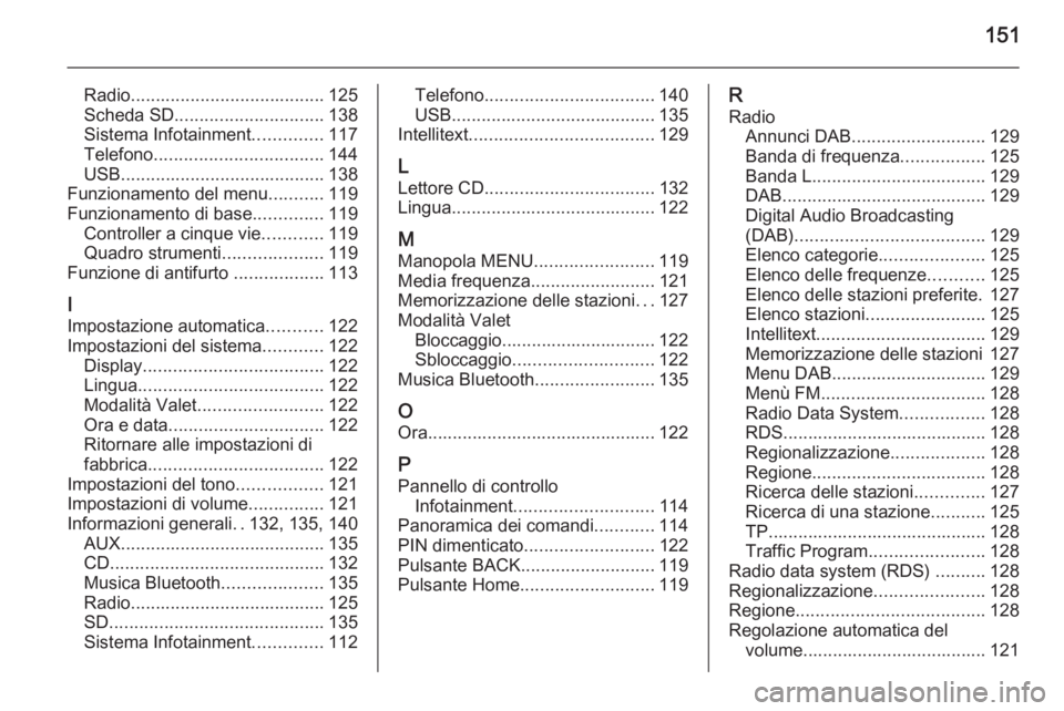 OPEL INSIGNIA 2014  Manuale del sistema Infotainment (in Italian) 151
Radio....................................... 125
Scheda SD .............................. 138
Sistema Infotainment ..............117
Telefono .................................. 144
USB ...........