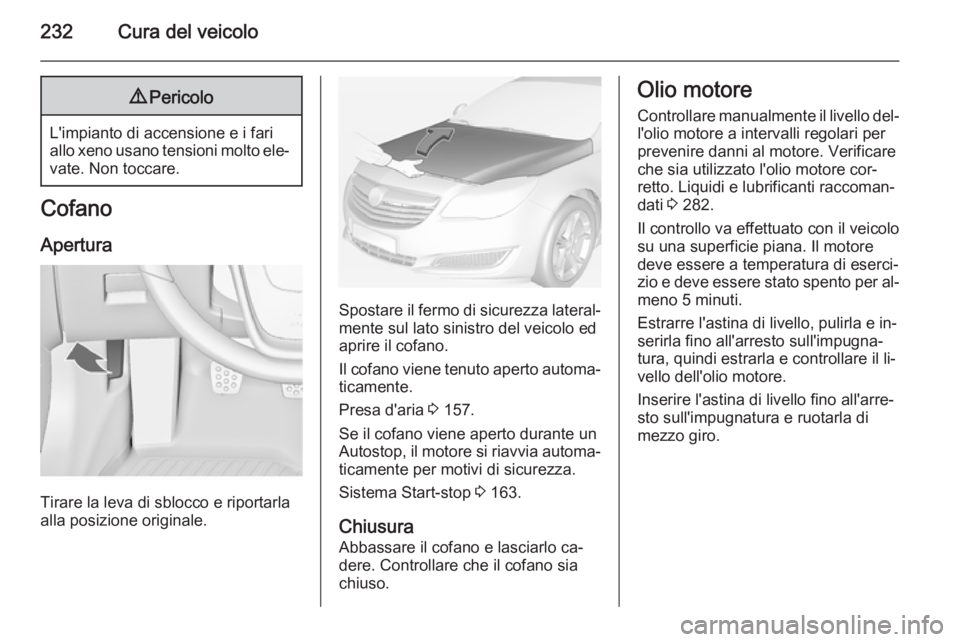OPEL INSIGNIA 2014  Manuale di uso e manutenzione (in Italian) 232Cura del veicolo9Pericolo
L'impianto di accensione e i fari
allo xeno usano tensioni molto ele‐ vate. Non toccare.
Cofano
Apertura
Tirare la leva di sblocco e riportarla
alla posizione origin