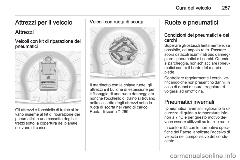 OPEL INSIGNIA 2014  Manuale di uso e manutenzione (in Italian) Cura del veicolo257Attrezzi per il veicolo
Attrezzi Veicoli con kit di riparazione deipneumatici
Gli attrezzi e l'occhiello di traino si tro‐ vano insieme al kit di riparazione dei
pneumatici in