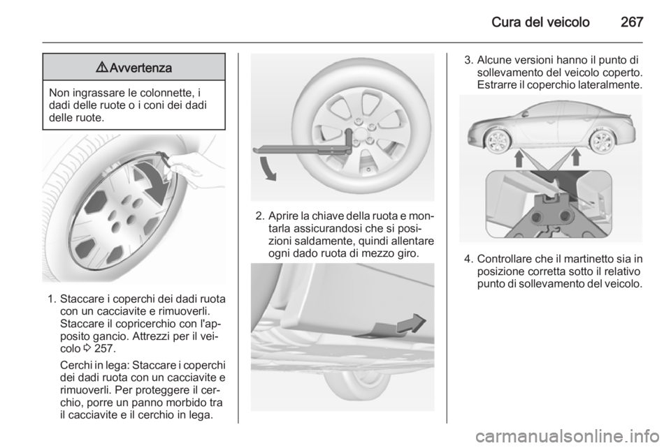 OPEL INSIGNIA 2014  Manuale di uso e manutenzione (in Italian) Cura del veicolo2679Avvertenza
Non ingrassare le colonnette, i
dadi delle ruote o i coni dei dadi
delle ruote.
1. Staccare i coperchi dei dadi ruota
con un cacciavite e rimuoverli.
Staccare il coprice