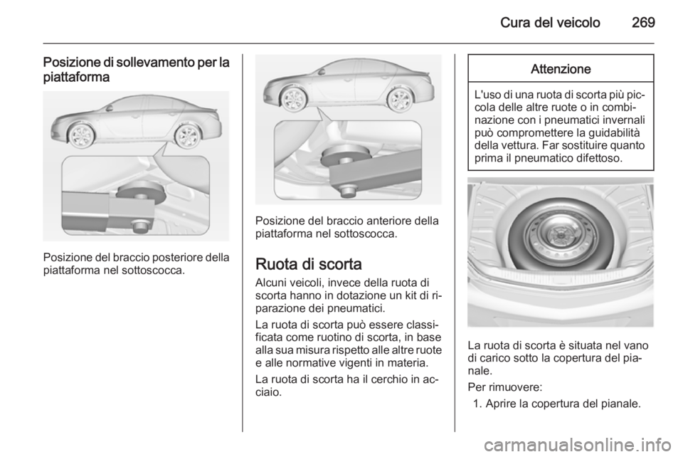 OPEL INSIGNIA 2014  Manuale di uso e manutenzione (in Italian) Cura del veicolo269
Posizione di sollevamento per lapiattaforma
Posizione del braccio posteriore della
piattaforma nel sottoscocca.
Posizione del braccio anteriore della
piattaforma nel sottoscocca.
R