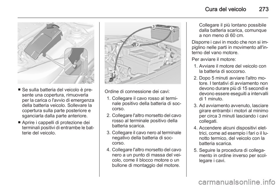 OPEL INSIGNIA 2014  Manuale di uso e manutenzione (in Italian) Cura del veicolo273
■ Se sulla batteria del veicolo è pre‐sente una copertura, rimuoverla
per la carica o l'avvio di emergenza
della batteria veicolo. Sollevare la
copertura sulla parte poste