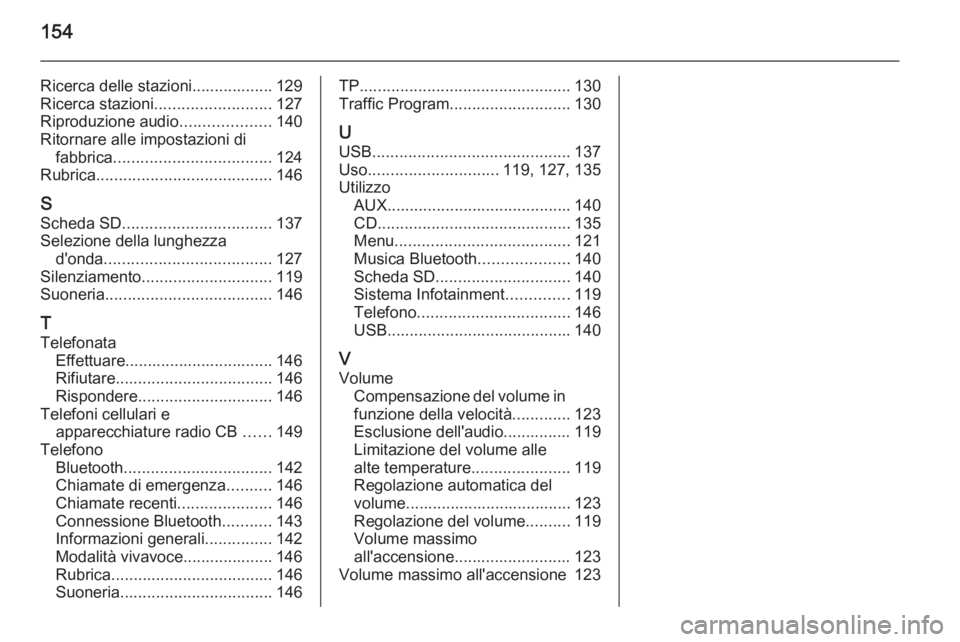 OPEL INSIGNIA 2014.5  Manuale del sistema Infotainment (in Italian) 154
Ricerca delle stazioni.................. 129
Ricerca stazioni .......................... 127
Riproduzione audio ....................140
Ritornare alle impostazioni di fabbrica ....................