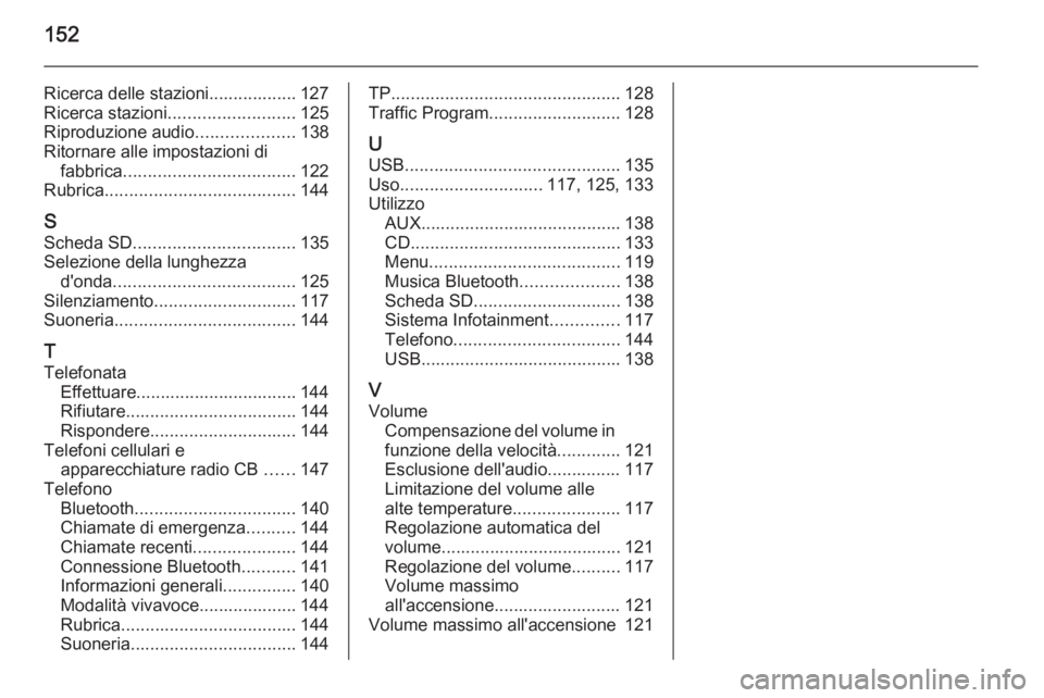 OPEL INSIGNIA 2015  Manuale del sistema Infotainment (in Italian) 152
Ricerca delle stazioni.................. 127
Ricerca stazioni .......................... 125
Riproduzione audio ....................138
Ritornare alle impostazioni di fabbrica ....................