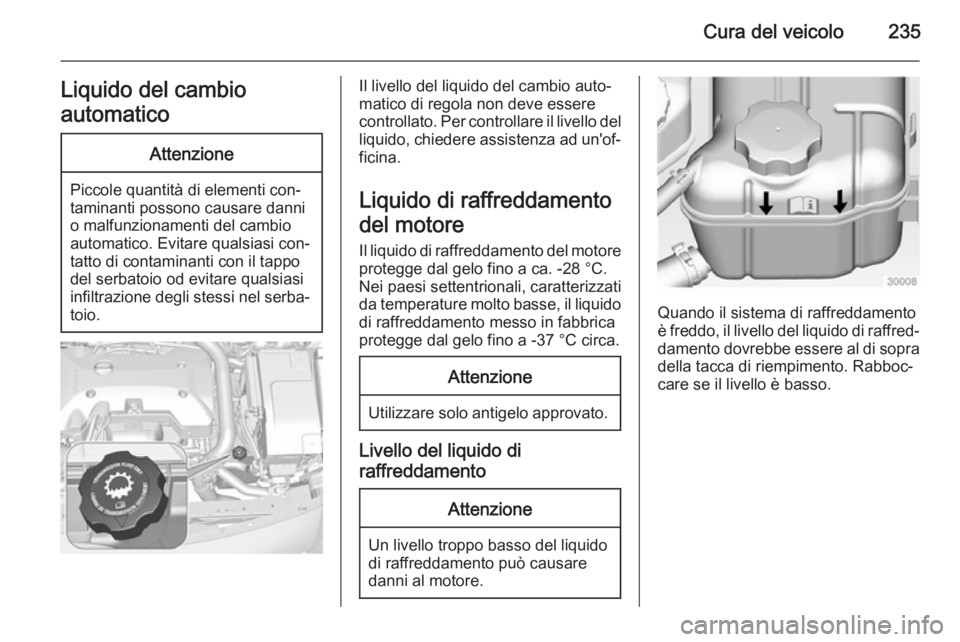 OPEL INSIGNIA 2015  Manuale di uso e manutenzione (in Italian) Cura del veicolo235Liquido del cambio
automaticoAttenzione
Piccole quantità di elementi con‐
taminanti possono causare danni
o malfunzionamenti del cambio
automatico. Evitare qualsiasi con‐
tatto