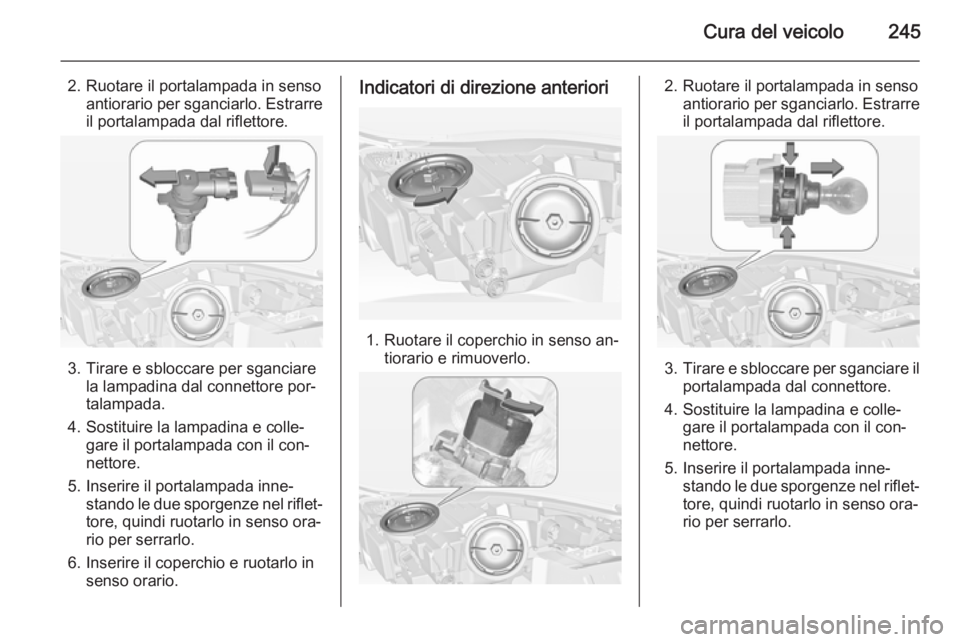 OPEL INSIGNIA 2015  Manuale di uso e manutenzione (in Italian) Cura del veicolo245
2. Ruotare il portalampada in sensoantiorario per sganciarlo. Estrarreil portalampada dal riflettore.
3. Tirare e sbloccare per sganciare la lampadina dal connettore por‐
talampa