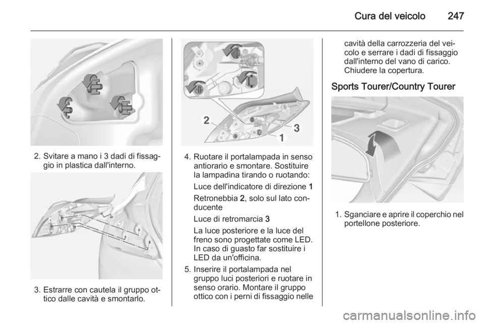 OPEL INSIGNIA 2015  Manuale di uso e manutenzione (in Italian) Cura del veicolo247
2. Svitare a mano i 3 dadi di fissag‐gio in plastica dall'interno.
3. Estrarre con cautela il gruppo ot‐tico dalle cavità e smontarlo.
4. Ruotare il portalampada in sensoa