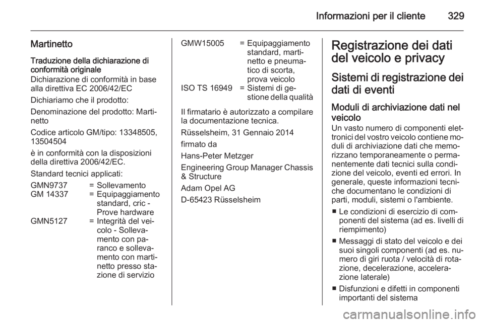 OPEL INSIGNIA 2015  Manuale di uso e manutenzione (in Italian) Informazioni per il cliente329
Martinetto
Traduzione della dichiarazione di
conformità originale
Dichiarazione di conformità in base
alla direttiva EC 2006/42/EC
Dichiariamo che il prodotto:
Denomin