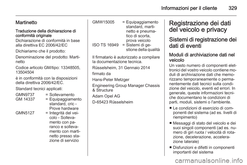 OPEL INSIGNIA 2015 Manuale di uso e manutenzione (in Italian) Informazioni per il cliente329
Martinetto
Traduzione della dichiarazione di
conformità originale
Dichiarazione di conformità in base
alla direttiva EC 2006/42/EC
Dichiariamo che il prodotto:
Denomin OPEL INSIGNIA 2015 Manuale di uso e manutenzione (in Italian) Informazioni per il cliente329
Martinetto
Traduzione della dichiarazione di
conformità originale
Dichiarazione di conformità in base
alla direttiva EC 2006/42/EC
Dichiariamo che il prodotto:
Denomin