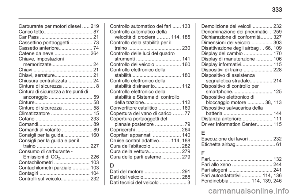 OPEL INSIGNIA 2015  Manuale di uso e manutenzione (in Italian) 333
Carburante per motori diesel .....219
Carico tetto ................................... 87
Car Pass  ...................................... 21
Cassettino portaoggetti  ...............73
Cassetto an
