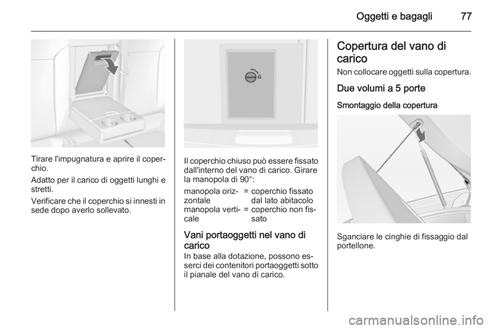 OPEL INSIGNIA 2015  Manuale di uso e manutenzione (in Italian) Oggetti e bagagli77
Tirare l'impugnatura e aprire il coper‐
chio.
Adatto per il carico di oggetti lunghi e
stretti.
Verificare che il coperchio si innesti in
sede dopo averlo sollevato.Il coperc