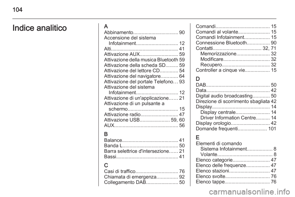 OPEL INSIGNIA 2015.5  Manuale del sistema Infotainment (in Italian) 104Indice analiticoAAbbinamento ................................ 90
Accensione del sistema Infotainment .............................. 12
Alti................................................. 41
Attiv