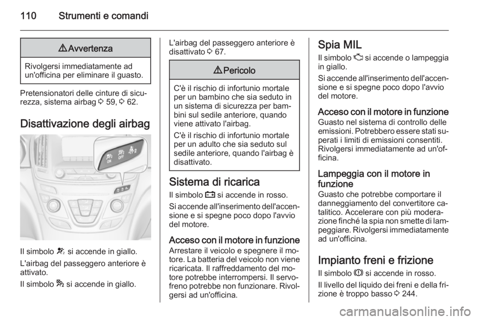 OPEL INSIGNIA 2015.5  Manuale di uso e manutenzione (in Italian) 110Strumenti e comandi9Avvertenza
Rivolgersi immediatamente ad
un'officina per eliminare il guasto.
Pretensionatori delle cinture di sicu‐
rezza, sistema airbag  3 59,  3 62.
Disattivazione degl