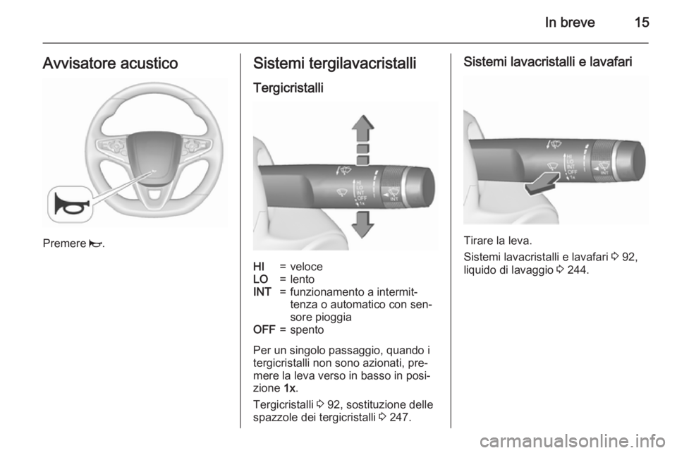 OPEL INSIGNIA 2015.5  Manuale di uso e manutenzione (in Italian) In breve15Avvisatore acustico
Premere j.
Sistemi tergilavacristalli
TergicristalliHI=veloceLO=lentoINT=funzionamento a intermit‐
tenza o automatico con sen‐
sore pioggiaOFF=spento
Per un singolo p