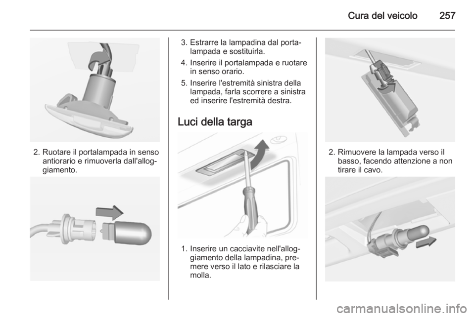 OPEL INSIGNIA 2015.5 Manuale di uso e manutenzione (in Italian) Cura del veicolo257
2. Ruotare il portalampada in sensoantiorario e rimuoverla dall'allog‐
giamento.
3. Estrarre la lampadina dal porta‐ lampada e sostituirla.
4. Inserire il portalampada e ru OPEL INSIGNIA 2015.5 Manuale di uso e manutenzione (in Italian) Cura del veicolo257
2. Ruotare il portalampada in sensoantiorario e rimuoverla dall'allog‐
giamento.
3. Estrarre la lampadina dal porta‐ lampada e sostituirla.
4. Inserire il portalampada e ru