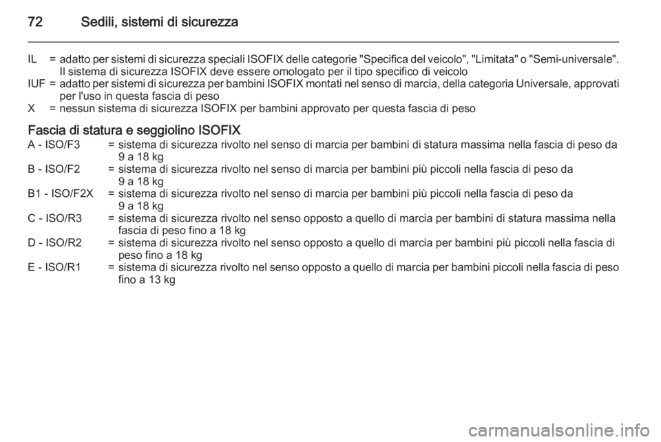 OPEL INSIGNIA 2015.5  Manuale di uso e manutenzione (in Italian) 72Sedili, sistemi di sicurezza
IL=adatto per sistemi di sicurezza speciali ISOFIX delle categorie "Specifica del veicolo", "Limitata" o "Semi-universale".
Il sistema di sicurez