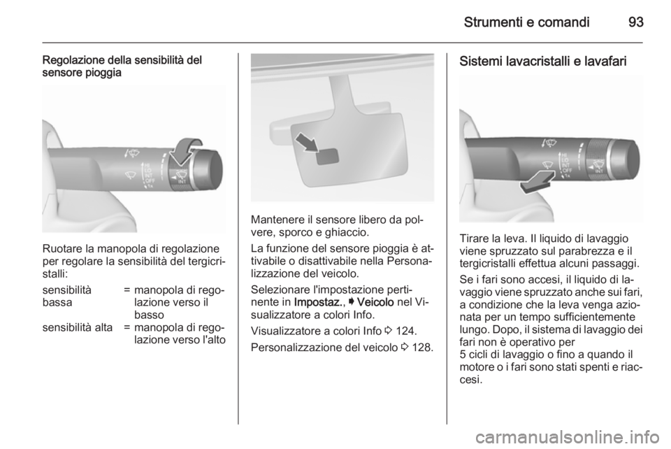 OPEL INSIGNIA 2015.5  Manuale di uso e manutenzione (in Italian) Strumenti e comandi93
Regolazione della sensibilità del
sensore pioggia
Ruotare la manopola di regolazione
per regolare la sensibilità del tergicri‐ stalli:
sensibilità
bassa=manopola di rego‐

