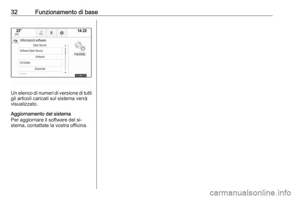 OPEL INSIGNIA 2016 Manuale del sistema Infotainment (in Italian) 32Funzionamento di base
Un elenco di numeri di versione di tutti
gli articoli caricati sul sistema verrà
visualizzato.
Aggiornamento del sistema
Per aggiornare il software del si‐
stema, contattate OPEL INSIGNIA 2016 Manuale del sistema Infotainment (in Italian) 32Funzionamento di base
Un elenco di numeri di versione di tutti
gli articoli caricati sul sistema verrà
visualizzato.
Aggiornamento del sistema
Per aggiornare il software del si‐
stema, contattate