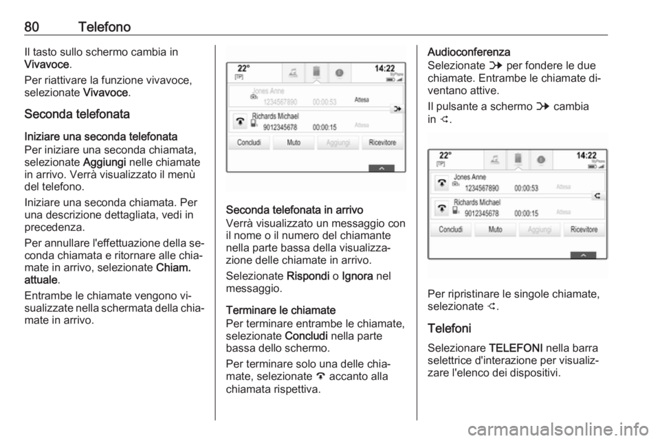 OPEL INSIGNIA 2016  Manuale del sistema Infotainment (in Italian) 80TelefonoIl tasto sullo schermo cambia in
Vivavoce .
Per riattivare la funzione vivavoce, selezionate  Vivavoce.
Seconda telefonata
Iniziare una seconda telefonata
Per iniziare una seconda chiamata,
