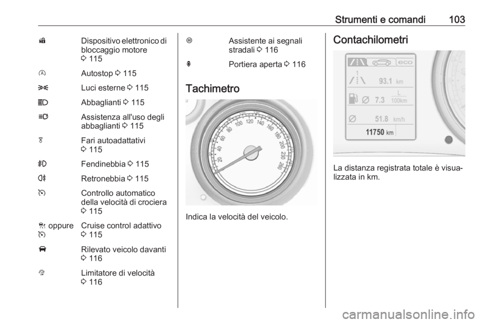 OPEL INSIGNIA 2016  Manuale di uso e manutenzione (in Italian) Strumenti e comandi103dDispositivo elettronico di
bloccaggio motore
3  115DAutostop  3 1158Luci esterne  3 115CAbbaglianti  3 115lAssistenza all'uso degli
abbaglianti  3 115fFari autoadattativi
3 