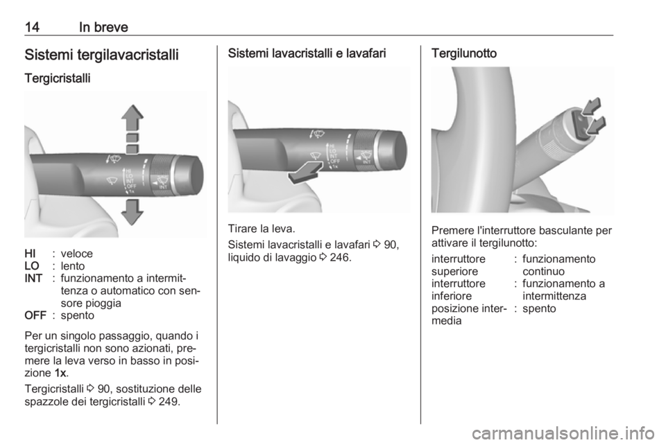 OPEL INSIGNIA 2016  Manuale di uso e manutenzione (in Italian) 14In breveSistemi tergilavacristalli
TergicristalliHI:veloceLO:lentoINT:funzionamento a intermit‐
tenza o automatico con sen‐
sore pioggiaOFF:spento
Per un singolo passaggio, quando i
tergicristal