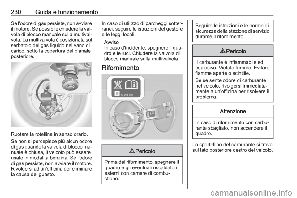 OPEL INSIGNIA 2016  Manuale di uso e manutenzione (in Italian) 230Guida e funzionamentoSe l'odore di gas persiste, non avviareil motore. Se possibile chiudere la val‐ vola di blocco manuale sulla multival‐vola. La multivalvola è posizionata sul
serbatoio