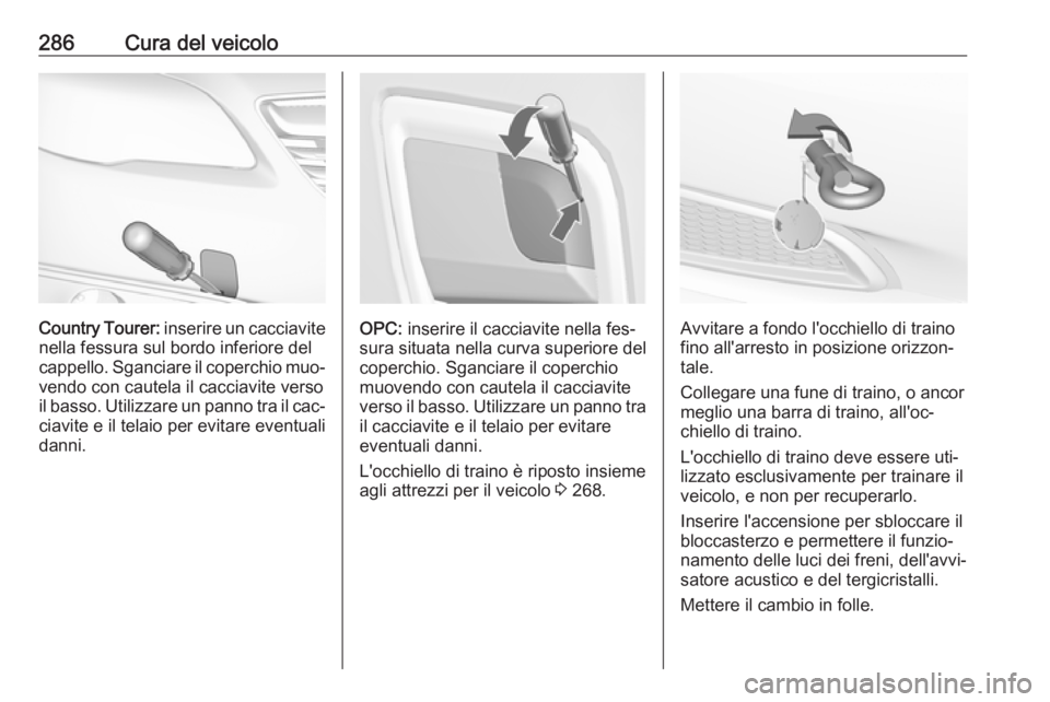 OPEL INSIGNIA 2016  Manuale di uso e manutenzione (in Italian) 286Cura del veicolo
Country Tourer: inserire un cacciavite
nella fessura sul bordo inferiore del cappello. Sganciare il coperchio muo‐ vendo con cautela il cacciavite verso
il basso. Utilizzare un p