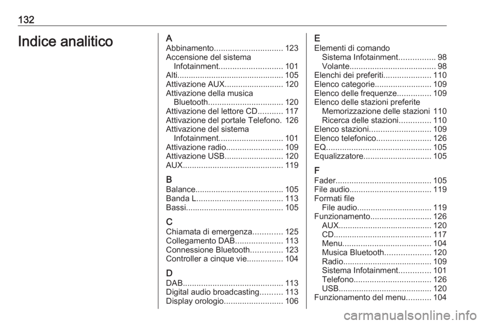 OPEL INSIGNIA 2016.5  Manuale del sistema Infotainment (in Italian) 132Indice analiticoAAbbinamento .............................. 123
Accensione del sistema Infotainment ............................ 101
Alti............................................... 105
Attivazi