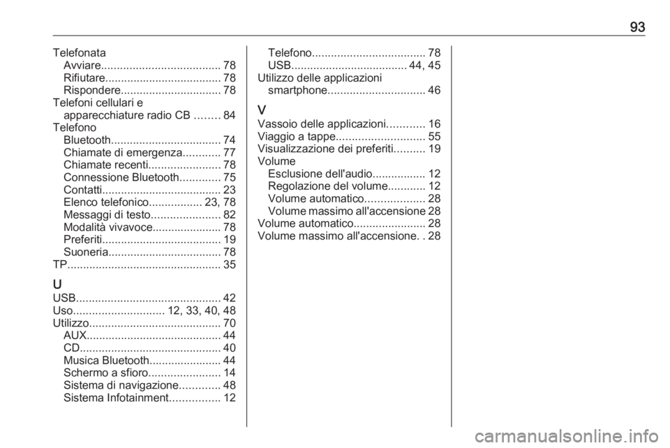 OPEL INSIGNIA 2016.5  Manuale del sistema Infotainment (in Italian) 93TelefonataAvviare ...................................... 78
Rifiutare ..................................... 78
Rispondere ................................ 78
Telefoni cellulari e apparecchiature rad