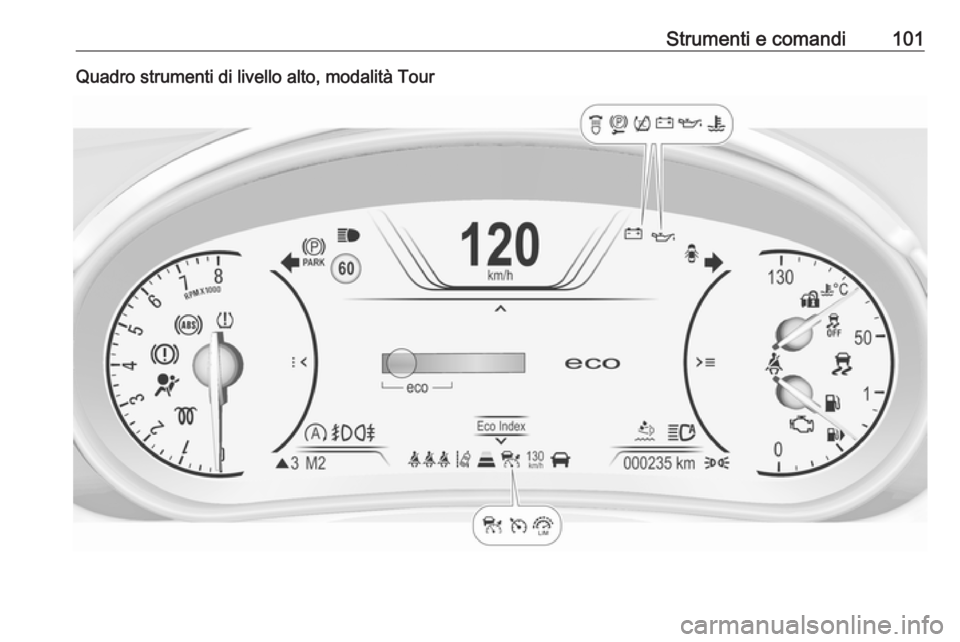 OPEL INSIGNIA 2016.5 Manuale di uso e manutenzione (in Italian) Strumenti e comandi101Quadro strumenti di livello alto, modalità Tour OPEL INSIGNIA 2016.5 Manuale di uso e manutenzione (in Italian) Strumenti e comandi101Quadro strumenti di livello alto, modalità Tour