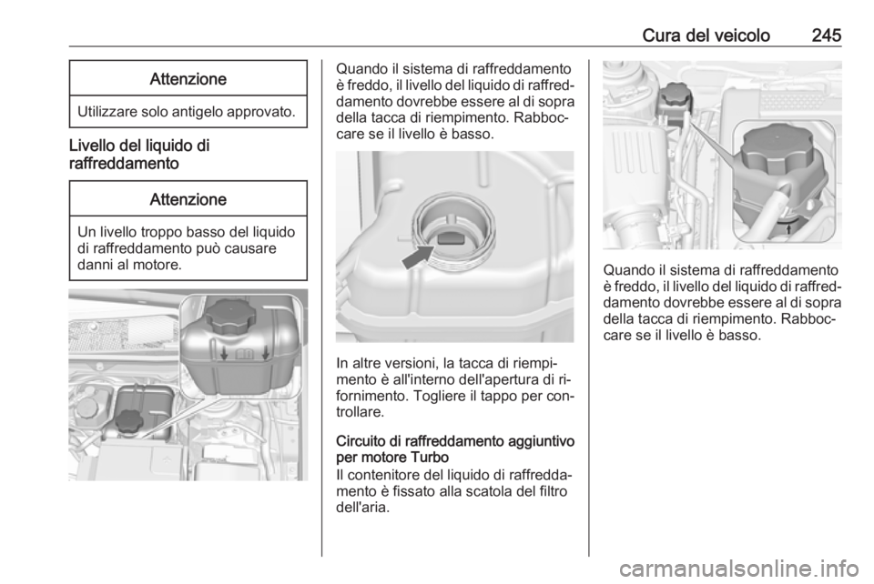 OPEL INSIGNIA 2016.5 Manuale di uso e manutenzione (in Italian) Cura del veicolo245Attenzione
Utilizzare solo antigelo approvato.
Livello del liquido di
raffreddamento
Attenzione
Un livello troppo basso del liquido
di raffreddamento può causare
danni al motore.
Q OPEL INSIGNIA 2016.5 Manuale di uso e manutenzione (in Italian) Cura del veicolo245Attenzione
Utilizzare solo antigelo approvato.
Livello del liquido di
raffreddamento
Attenzione
Un livello troppo basso del liquido
di raffreddamento può causare
danni al motore.
Q