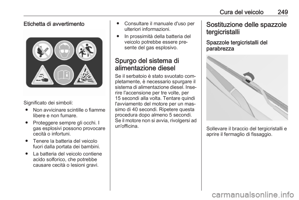 OPEL INSIGNIA 2016.5 Manuale di uso e manutenzione (in Italian) Cura del veicolo249Etichetta di avvertimento
Significato dei simboli:● Non avvicinare scintille o fiamme
libere e non fumare.
● Proteggere sempre gli occhi. I gas esplosivi possono provocare
cecit OPEL INSIGNIA 2016.5 Manuale di uso e manutenzione (in Italian) Cura del veicolo249Etichetta di avvertimento
Significato dei simboli:● Non avvicinare scintille o fiamme
libere e non fumare.
● Proteggere sempre gli occhi. I gas esplosivi possono provocare
cecit