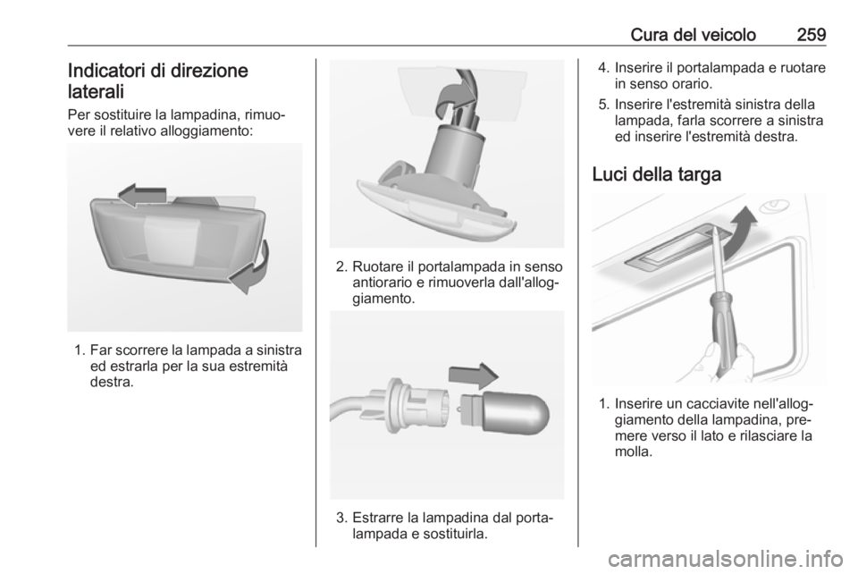 OPEL INSIGNIA 2016.5 Manuale di uso e manutenzione (in Italian) Cura del veicolo259Indicatori di direzionelaterali
Per sostituire la lampadina, rimuo‐
vere il relativo alloggiamento:
1. Far scorrere la lampada a sinistra
ed estrarla per la sua estremità
destra. OPEL INSIGNIA 2016.5 Manuale di uso e manutenzione (in Italian) Cura del veicolo259Indicatori di direzionelaterali
Per sostituire la lampadina, rimuo‐
vere il relativo alloggiamento:
1. Far scorrere la lampada a sinistra
ed estrarla per la sua estremità
destra.