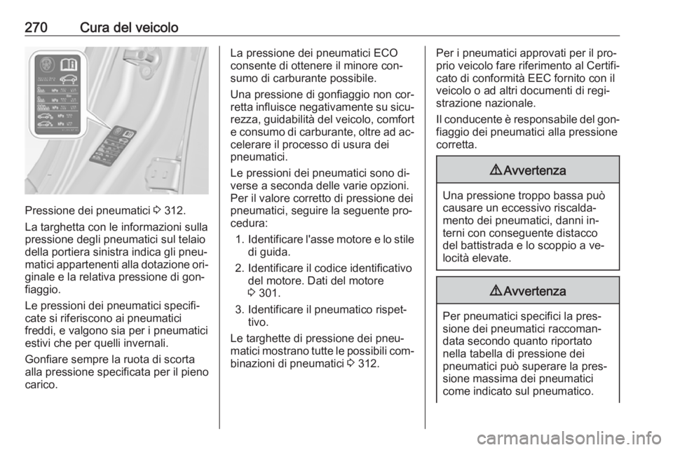 OPEL INSIGNIA 2016.5  Manuale di uso e manutenzione (in Italian) 270Cura del veicolo
Pressione dei pneumatici 3 312.
La targhetta con le informazioni sulla
pressione degli pneumatici sul telaio
della portiera sinistra indica gli pneu‐
matici appartenenti alla dot