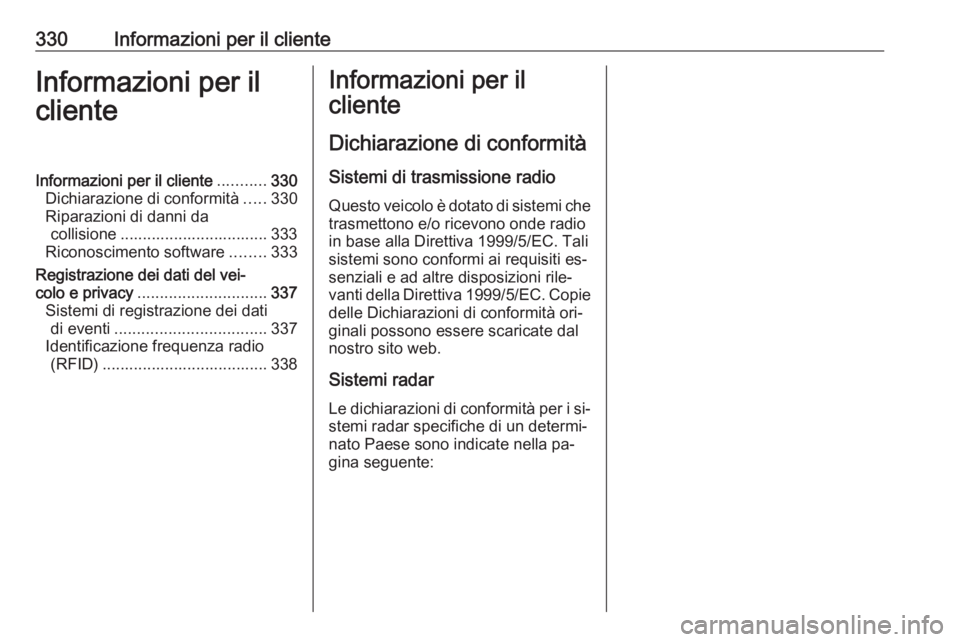 OPEL INSIGNIA 2016.5 Manuale di uso e manutenzione (in Italian) 330Informazioni per il clienteInformazioni per il
clienteInformazioni per il cliente ...........330
Dichiarazione di conformità .....330
Riparazioni di danni da collisione ........................... OPEL INSIGNIA 2016.5 Manuale di uso e manutenzione (in Italian) 330Informazioni per il clienteInformazioni per il
clienteInformazioni per il cliente ...........330
Dichiarazione di conformità .....330
Riparazioni di danni da collisione ...........................