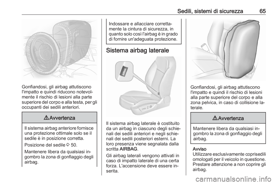 OPEL INSIGNIA 2016.5  Manuale di uso e manutenzione (in Italian) Sedili, sistemi di sicurezza65
Gonfiandosi, gli airbag attutiscono
l'impatto e quindi riducono notevol‐
mente il rischio di lesioni alla parte
superiore del corpo e alla testa, per gli
occupanti