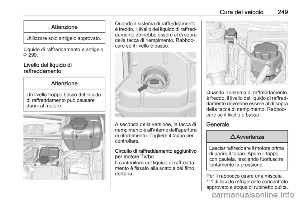OPEL INSIGNIA 2017 Manuale di uso e manutenzione (in Italian) Cura del veicolo249Attenzione
Utilizzare solo antigelo approvato.
Liquido di raffreddamento e antigelo
3 299.
Livello del liquido di
raffreddamento
Attenzione
Un livello troppo basso del liquido
di r OPEL INSIGNIA 2017 Manuale di uso e manutenzione (in Italian) Cura del veicolo249Attenzione
Utilizzare solo antigelo approvato.
Liquido di raffreddamento e antigelo
3 299.
Livello del liquido di
raffreddamento
Attenzione
Un livello troppo basso del liquido
di r