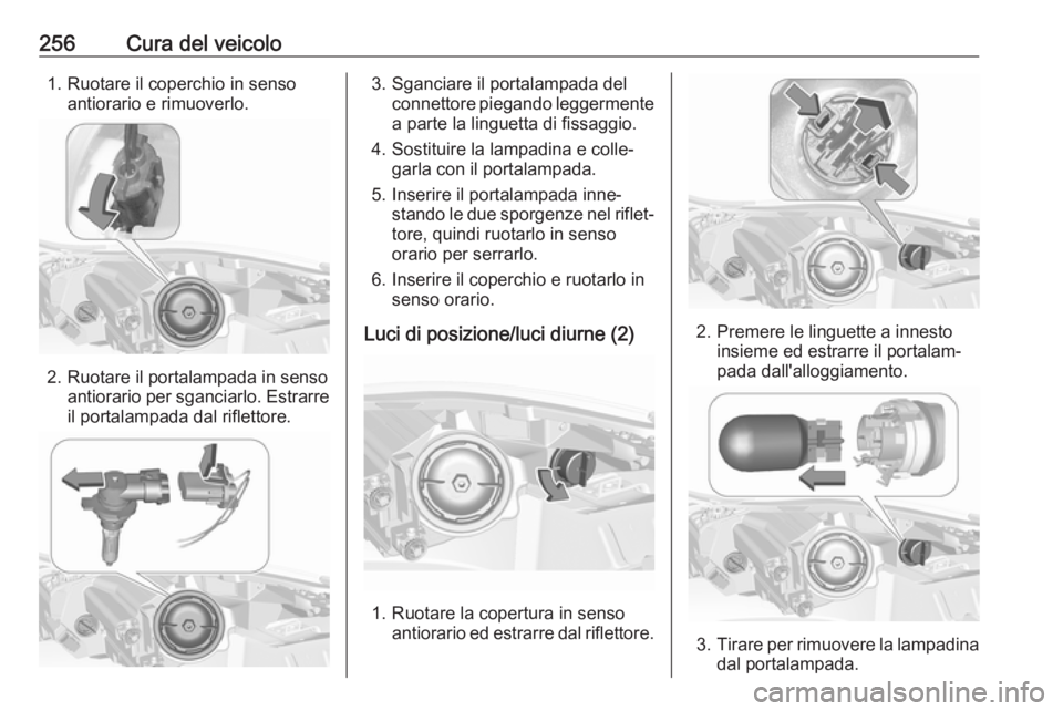 OPEL INSIGNIA 2017 Manuale di uso e manutenzione (in Italian) 256Cura del veicolo1. Ruotare il coperchio in sensoantiorario e rimuoverlo.
2. Ruotare il portalampada in senso antiorario per sganciarlo. Estrarreil portalampada dal riflettore.
3. Sganciare il porta OPEL INSIGNIA 2017 Manuale di uso e manutenzione (in Italian) 256Cura del veicolo1. Ruotare il coperchio in sensoantiorario e rimuoverlo.
2. Ruotare il portalampada in senso antiorario per sganciarlo. Estrarreil portalampada dal riflettore.
3. Sganciare il porta