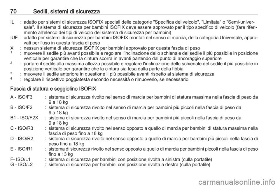 OPEL INSIGNIA BREAK 2017.75  Manuale di uso e manutenzione (in Italian) 70Sedili, sistemi di sicurezzaIL:adatto per sistemi di sicurezza ISOFIX speciali delle categorie "Specifica del veicolo", "Limitata" o "Semi-univer‐sale". Il sistema di sicur