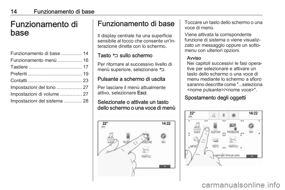 OPEL INSIGNIA BREAK 2018.5  Manuale del sistema Infotainment (in Italian) 14Funzionamento di baseFunzionamento di
baseFunzionamento di base ...............14
Funzionamento menù ..................16
Tastiere ........................................ 17
Preferiti ............