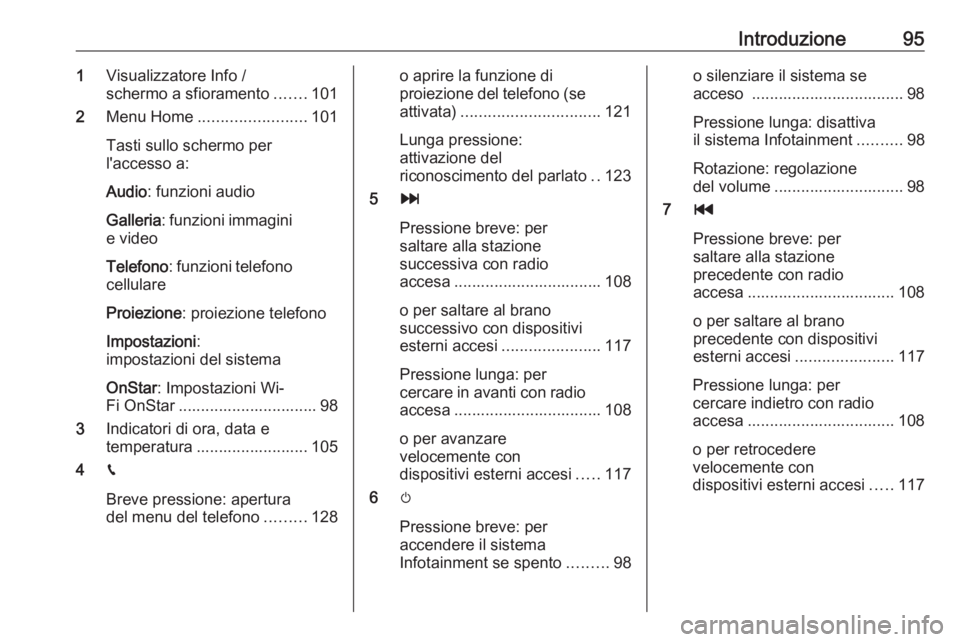 OPEL INSIGNIA BREAK 2018.5  Manuale del sistema Infotainment (in Italian) Introduzione951Visualizzatore Info /
schermo a sfioramento .......101
2 Menu Home ........................ 101
Tasti sullo schermo per
l'accesso a:
Audio : funzioni audio
Galleria : funzioni immag