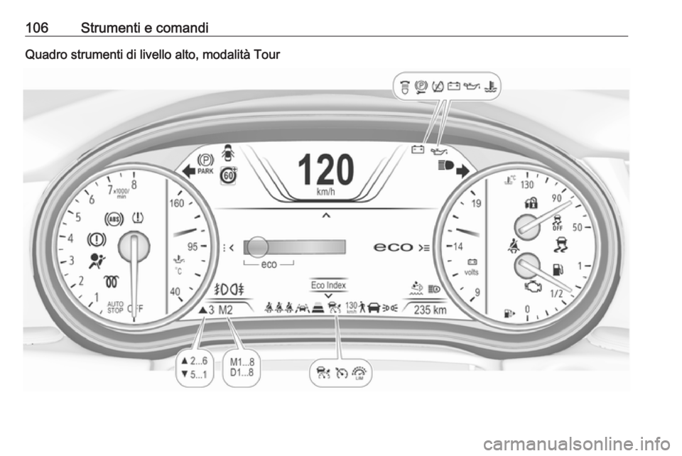 OPEL INSIGNIA BREAK 2018.5  Manuale di uso e manutenzione (in Italian) 106Strumenti e comandiQuadro strumenti di livello alto, modalità Tour 