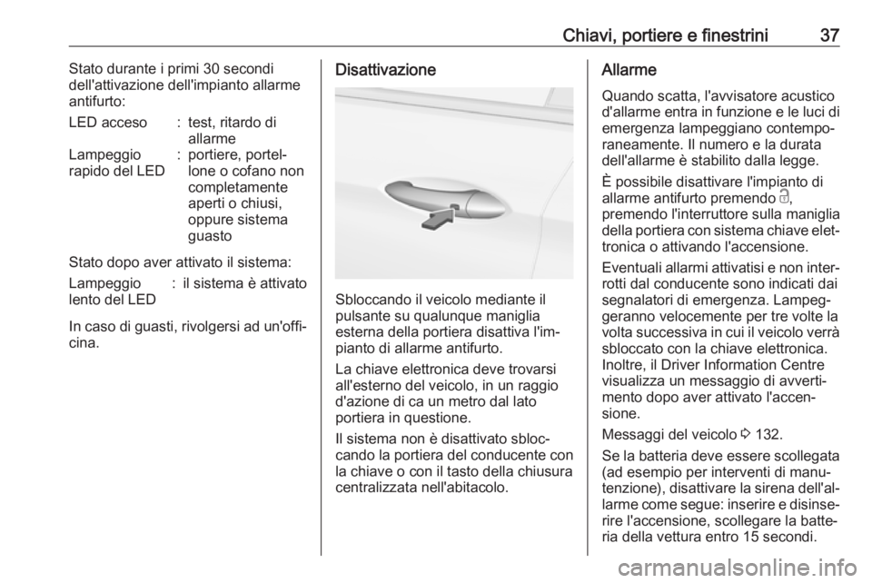 OPEL INSIGNIA BREAK 2018.5  Manuale di uso e manutenzione (in Italian) Chiavi, portiere e finestrini37Stato durante i primi 30 secondi
dell'attivazione dell'impianto allarme
antifurto:LED acceso:test, ritardo di
allarmeLampeggio
rapido del LED:portiere, portel‐