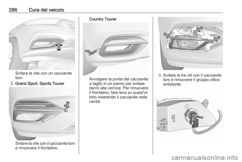 OPEL INSIGNIA BREAK 2019  Manuale di uso e manutenzione (in Italian) 286Cura del veicolo
Svitare la vite con un cacciavite
torx.
2. Grand Sport, Sports Tourer
Svitare la vite con il cacciavite torx
e rimuovere il frontalino.
Country Tourer
Avvolgere la punta del caccia