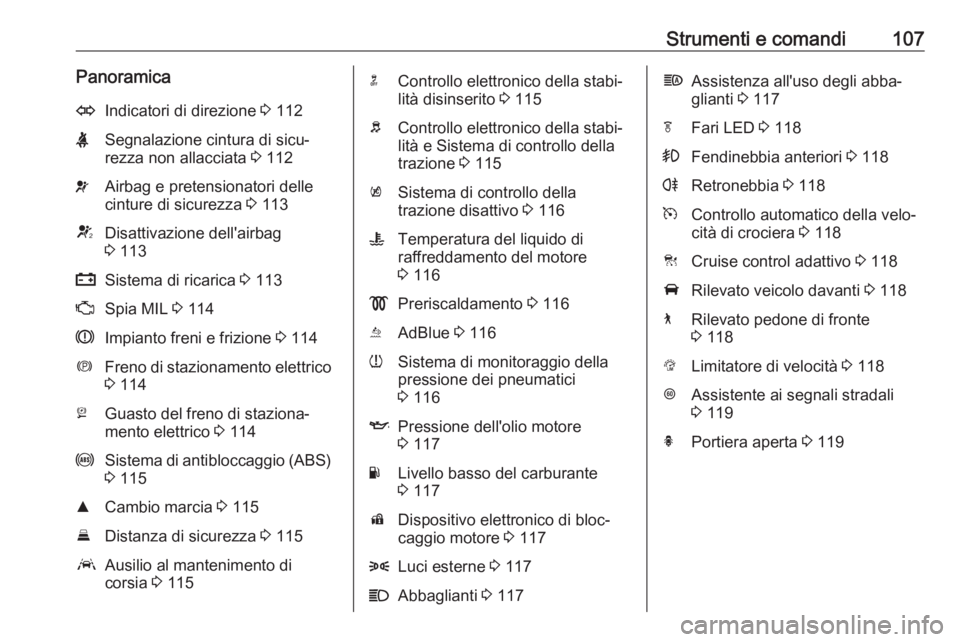 OPEL INSIGNIA BREAK 2019.5  Manuale di uso e manutenzione (in Italian) Strumenti e comandi107PanoramicaOIndicatori di direzione 3 112XSegnalazione cintura di sicu‐
rezza non allacciata  3 112vAirbag e pretensionatori delle
cinture di sicurezza  3 113VDisattivazione del