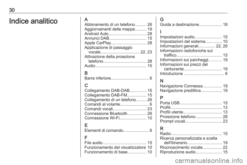 OPEL INSIGNIA BREAK 2020 Manuale del sistema Infotainment (in Italian) 30Indice analiticoAAbbinamento di un telefono ..........26
Aggiornamenti delle mappe ..........19
Android Auto ................................. 28
Annunci DAB ................................ 15
Appl OPEL INSIGNIA BREAK 2020 Manuale del sistema Infotainment (in Italian) 30Indice analiticoAAbbinamento di un telefono ..........26
Aggiornamenti delle mappe ..........19
Android Auto ................................. 28
Annunci DAB ................................ 15
Appl