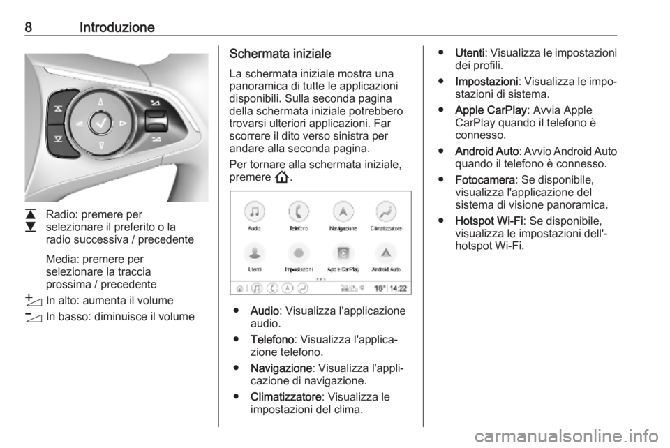 OPEL INSIGNIA BREAK 2020  Manuale del sistema Infotainment (in Italian) 8Introduzione
L
M Radio: premere per
selezionare il preferito o la
radio successiva / precedente
Media: premere per
selezionare la traccia
prossima / precedente
Y In alto: aumenta il volume
Z In basso