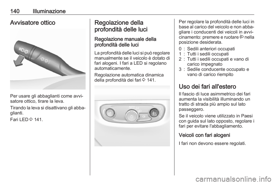 OPEL INSIGNIA BREAK 2020 Manuale di uso e manutenzione (in Italian) 140IlluminazioneAvvisatore ottico
Per usare gli abbaglianti come avvi‐
satore ottico, tirare la leva.
Tirando la leva si disattivano gli abba‐ glianti.
Fari LED 3 141.
Regolazione della
profondit OPEL INSIGNIA BREAK 2020 Manuale di uso e manutenzione (in Italian) 140IlluminazioneAvvisatore ottico
Per usare gli abbaglianti come avvi‐
satore ottico, tirare la leva.
Tirando la leva si disattivano gli abba‐ glianti.
Fari LED 3 141.
Regolazione della
profondit