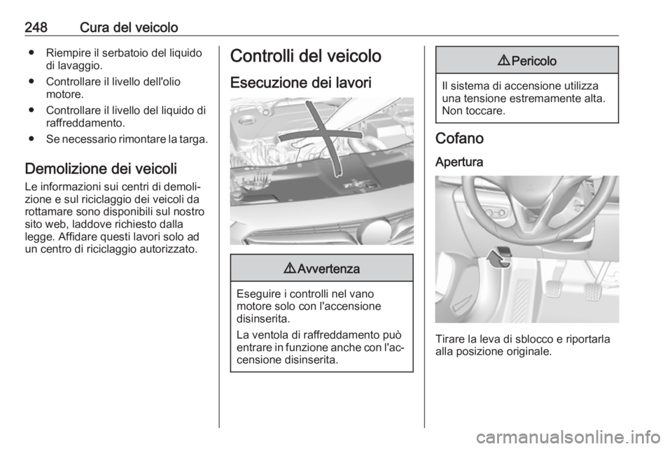 OPEL INSIGNIA BREAK 2020 Manuale di uso e manutenzione (in Italian) 248Cura del veicolo● Riempire il serbatoio del liquidodi lavaggio.
● Controllare il livello dell'olio motore.
● Controllare il livello del liquido di raffreddamento.
● Se necessario rimont OPEL INSIGNIA BREAK 2020 Manuale di uso e manutenzione (in Italian) 248Cura del veicolo● Riempire il serbatoio del liquidodi lavaggio.
● Controllare il livello dell'olio motore.
● Controllare il livello del liquido di raffreddamento.
● Se necessario rimont